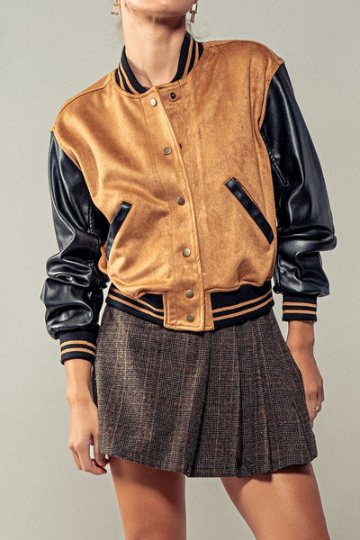 Suede + Faux Leather ColorBlock Bomber Jacket