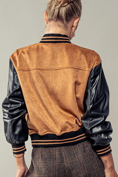 Suede + Faux Leather ColorBlock Bomber Jacket