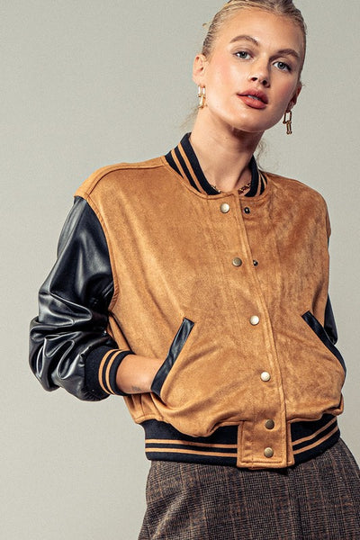 Suede + Faux Leather ColorBlock Bomber Jacket