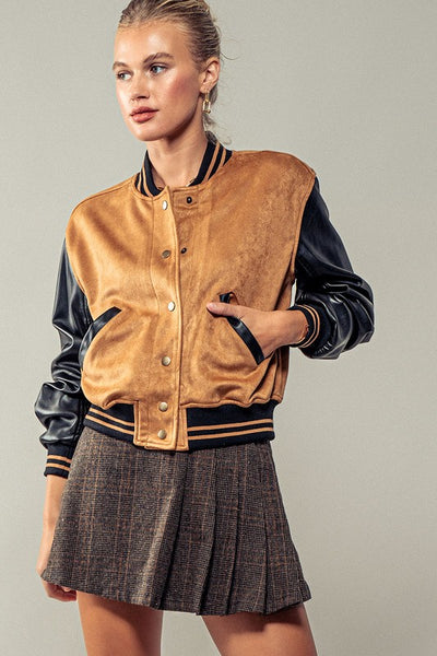 Suede + Faux Leather ColorBlock Bomber Jacket