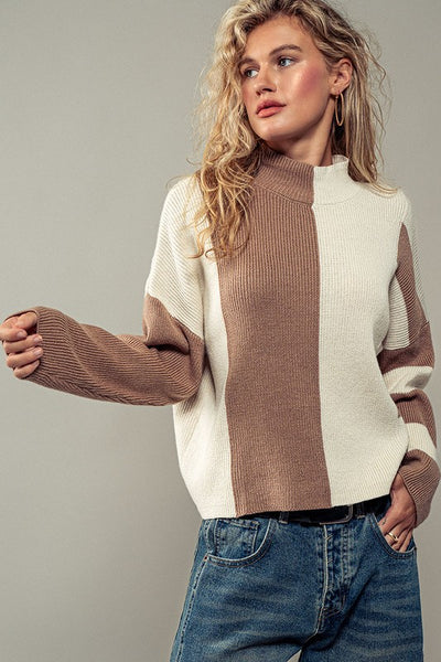 Stripe ColorBlock Mock Neck Knit Sweater