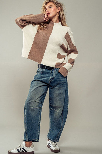 Stripe ColorBlock Mock Neck Knit Sweater