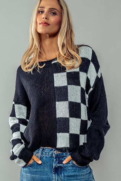 ColorBlock Checkered Long Sleeve Heavy Knit Sweater