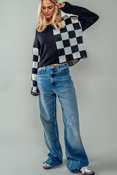 ColorBlock Checkered Long Sleeve Heavy Knit Sweater