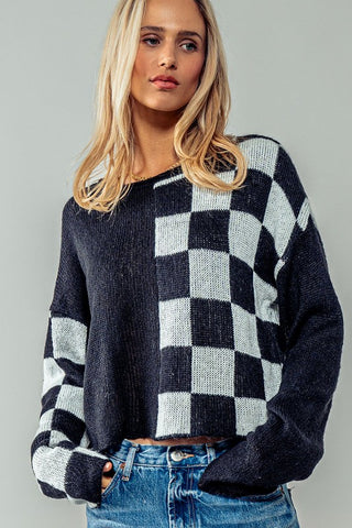 ColorBlock Checkered Long Sleeve Heavy Knit Sweater