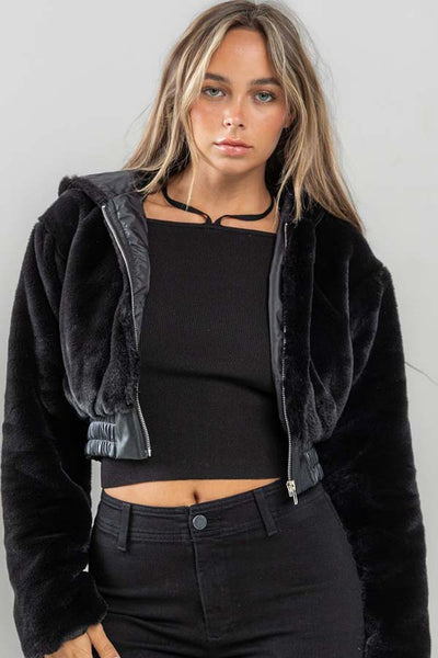 Faux Fur + Leather Hoodie Jacket