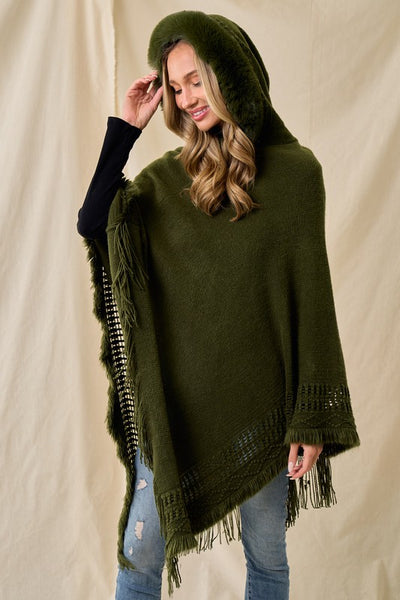 Faux Fur Hooded Blanket Knit Sweater Poncho