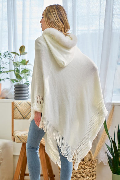 Faux Fur Hooded Blanket Knit Sweater Poncho