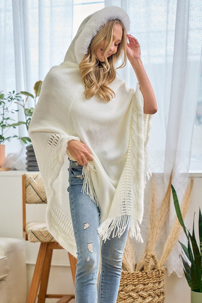 Faux Fur Hooded Blanket Knit Sweater Poncho