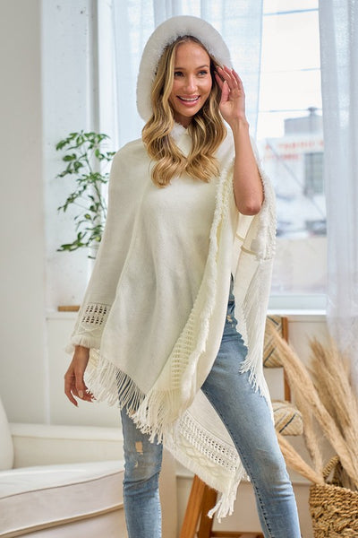 Faux Fur Hooded Blanket Knit Sweater Poncho