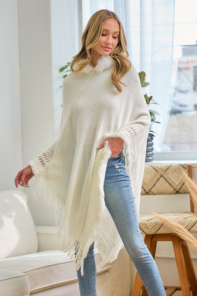 Faux Fur Hooded Blanket Knit Sweater Poncho