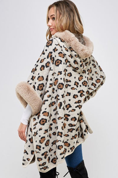 Soft Faux Fur Leopard Knit Cape Coat with Hoodie