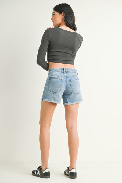 Stretch Denim Short Mid Rise con Dobladillo