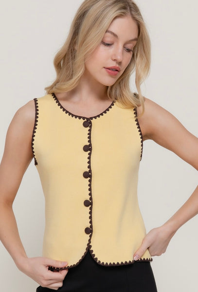 Knit Vest sin Mangas con Bordado Escote Redondo