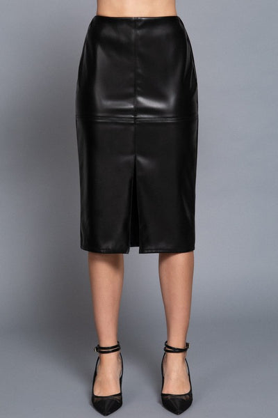 Front Slit Faux Leather Midi Skirt