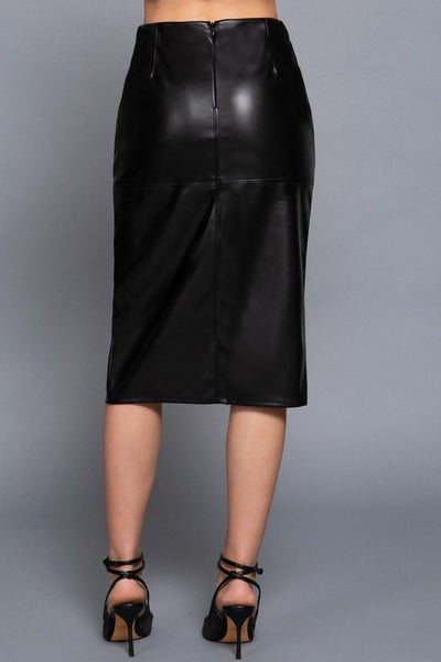 Front Slit Faux Leather Midi Skirt