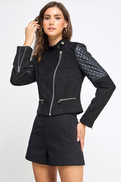 Suede & Faux Leather Asymmetrical Zipper Ribbed Arm Jacket