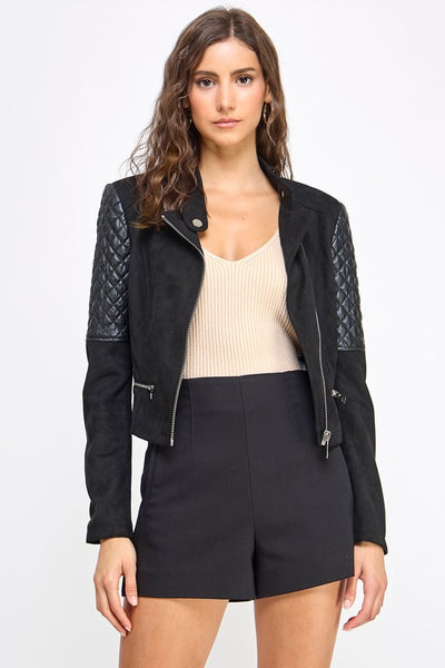 Suede & Faux Leather Asymmetrical Zipper Ribbed Arm Jacket