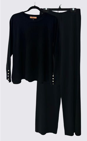 Pearls Sleeve Detail Knit Ribbed Sweater + Pants Set