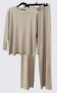 Pearls Sleeve Detail Knit Ribbed Sweater + Pants Set