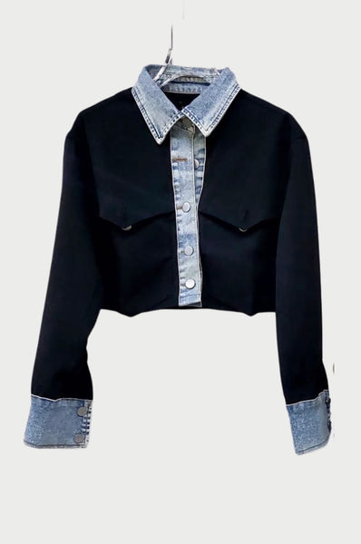 Contrast Denim Tailored Cropped Blazer Shirt