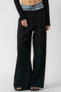 Contrast Denim Waistband Tailored Wideleg Pants