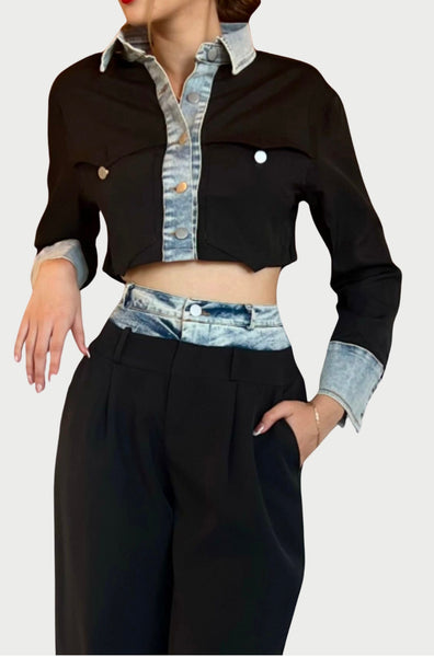 Contrast Denim Tailored Cropped Blazer Shirt