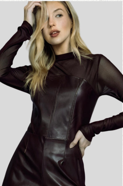 Mesh w/Faux Leather Long Sleeve Corset Top