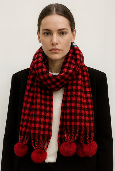 Soft Faux Fur Pom Poms Plaid Scarf