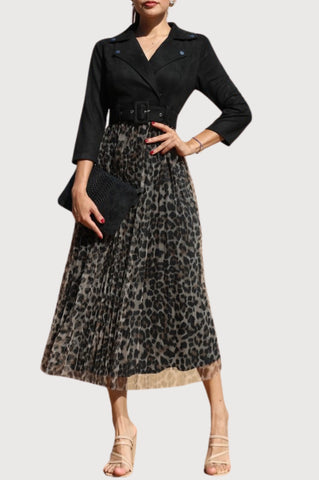 Suede + Leopard Pleated Midi Dress