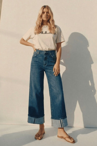 (Un-cuffable) with Snap Button Stretch High Rise Wideleg Jeans