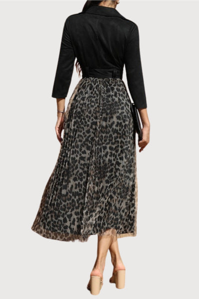 Suede + Leopard Pleated Midi Dress