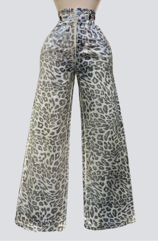 Vintage Wash Leopard High Waisted WideLeg Stretch Jeans