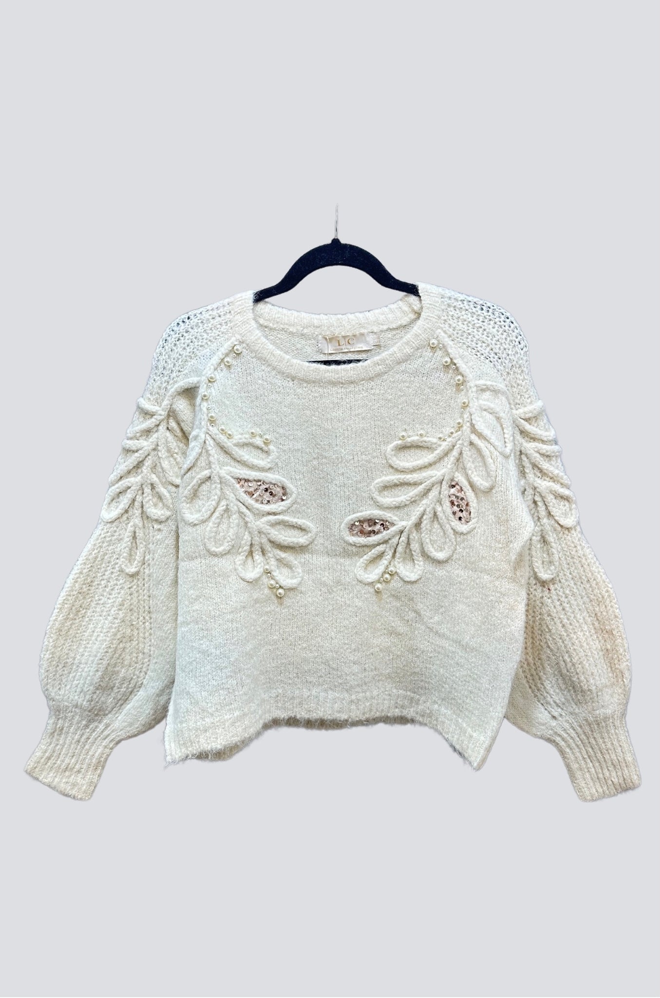 Sequin & Pearls Embroidered Heavy Knit Sweater