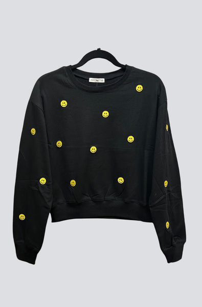 Embroidered Smiley Fleeced Sweatshirt