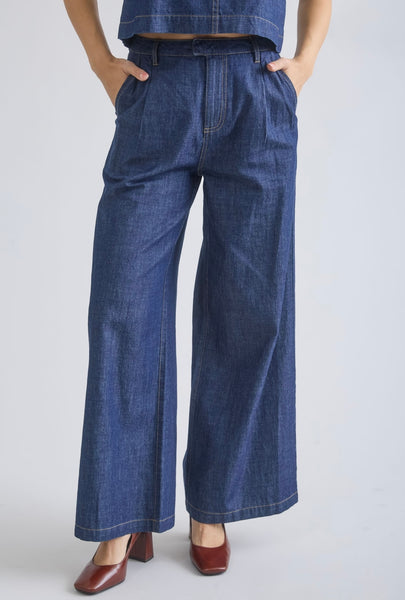 100% Cotton High Waist Pleated Wide Leg Denim Pants
