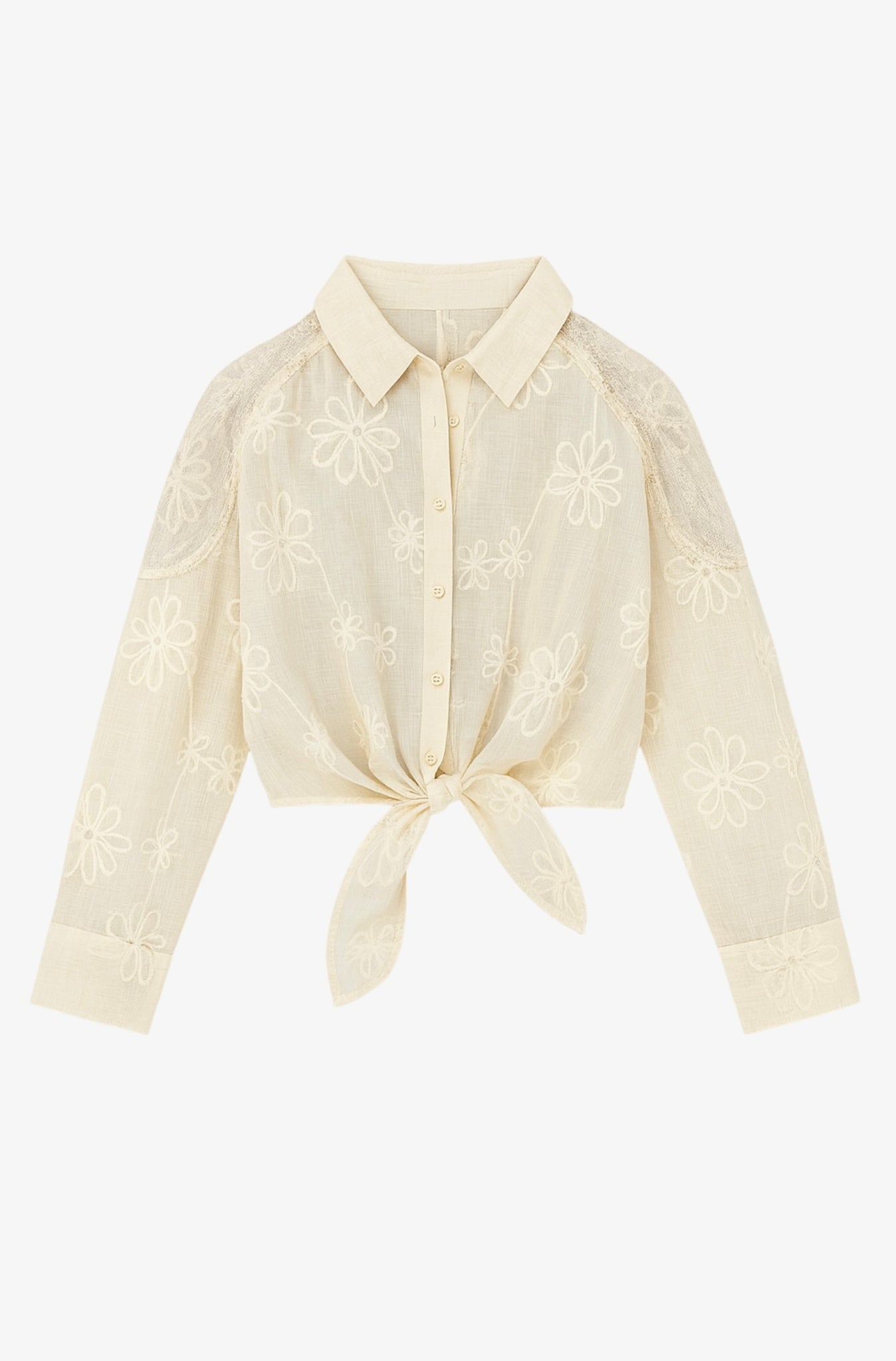 Front Tie Long Sleeve Lace Blouse