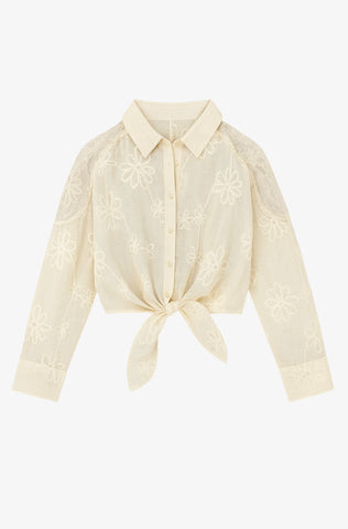 Front Tie Long Sleeve Lace Blouse