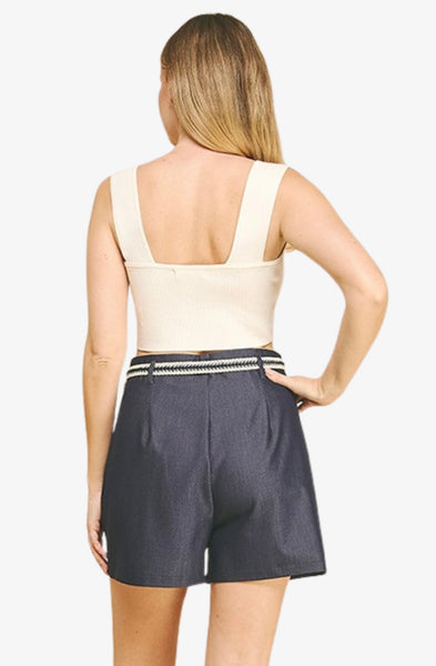 Super Soft Cotton Mix Denim Braided Belt Darted Shorts