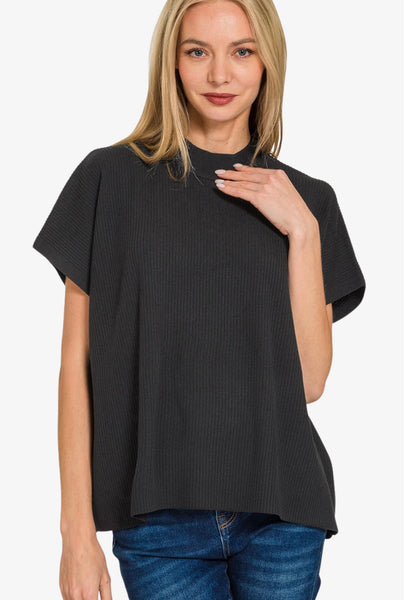 Knit Mock Neck Short Sleeve Boxy Top