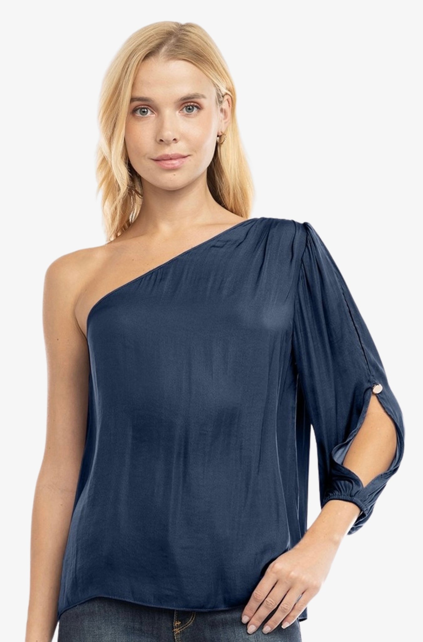 Satin Feel One Shoulder Balloon Cut Out Sleeve