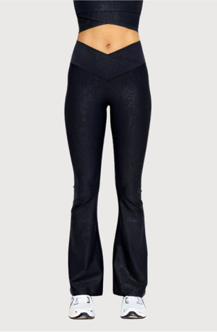 Sparkle Foil Look Crossover Flared Leggings