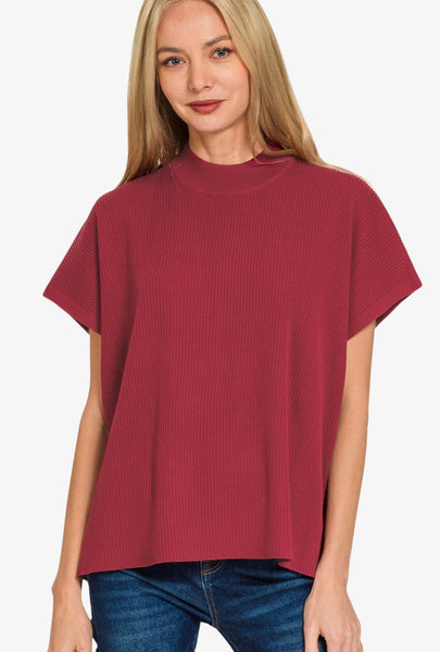 Knit Mock Neck Short Sleeve Boxy Top