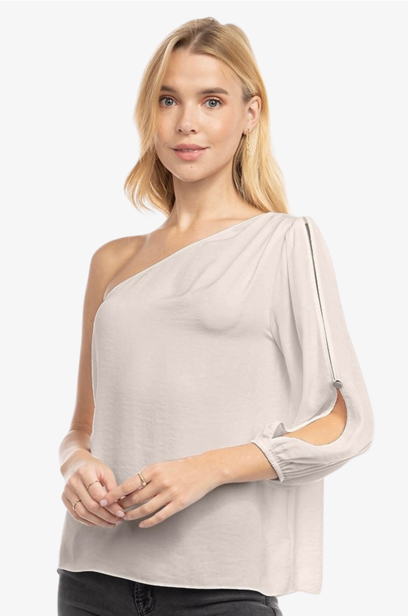 Satin Feel One Shoulder Balloon Cut Out Sleeve