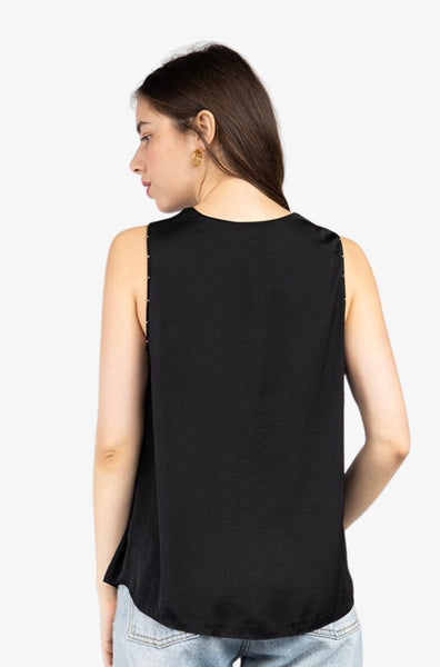 Satin Feel V-neck Sleeveless Top With Bead Trim Detail