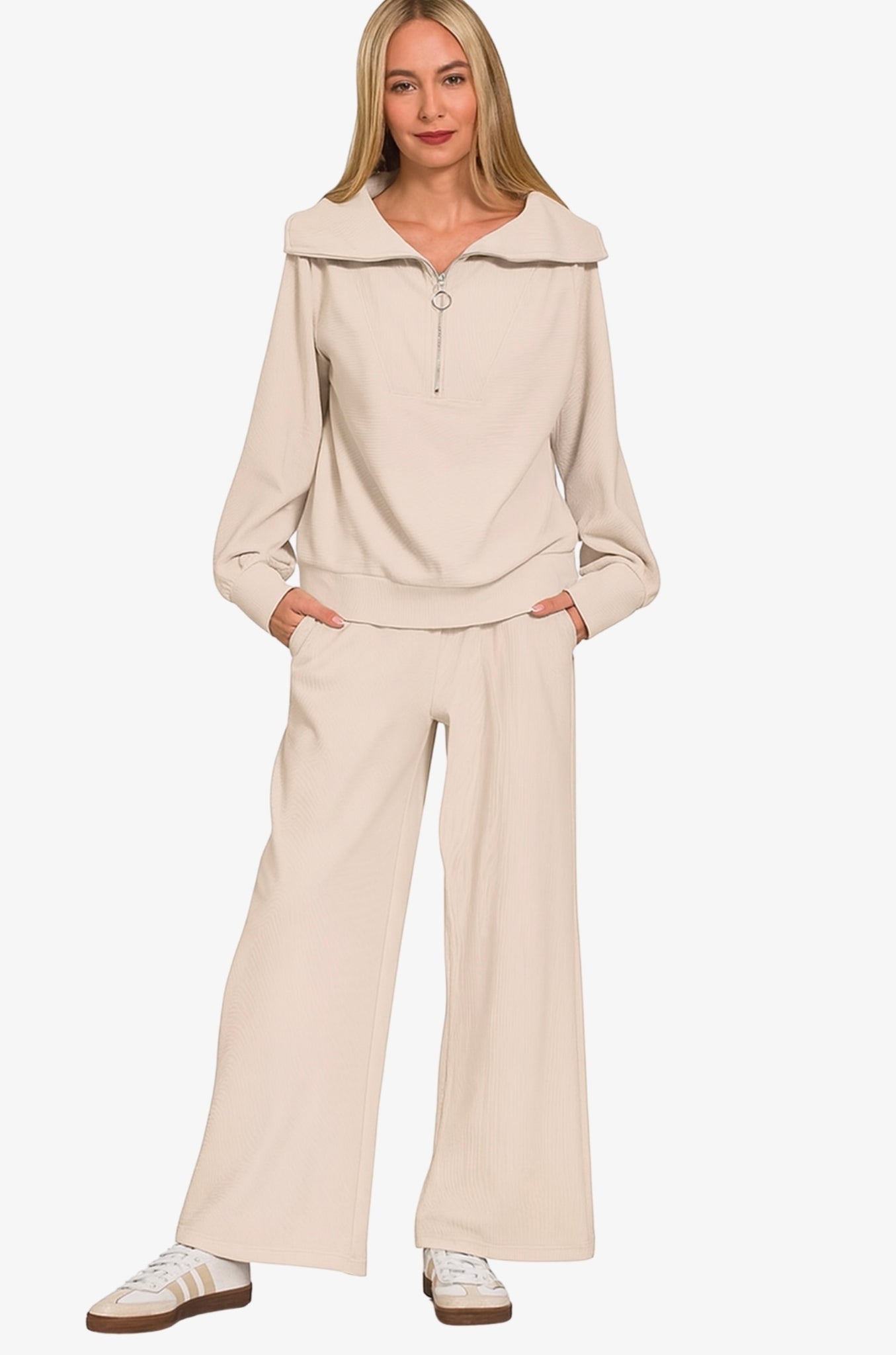 Ribbed High Neck Half Zip Pullover + Pants Set