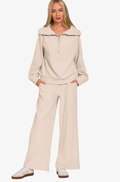 Ribbed High Neck Half Zip Pullover + Pants Set