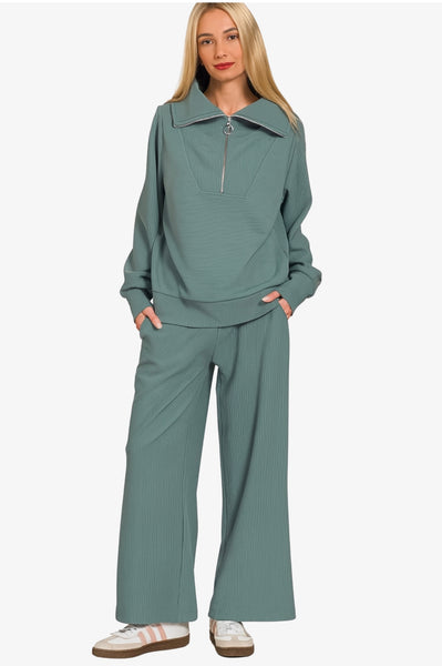 Ribbed High Neck Half Zip Pullover + Pants Set