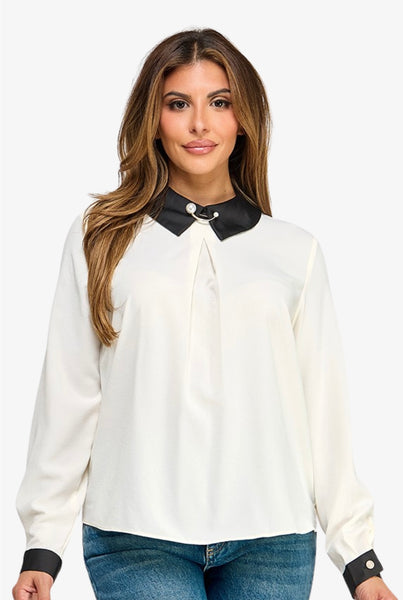 Pearl Brooch Contrast Collar Long Sleeve Blouse