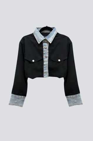 Contrast Denim Tailored Cropped Blazer Shirt